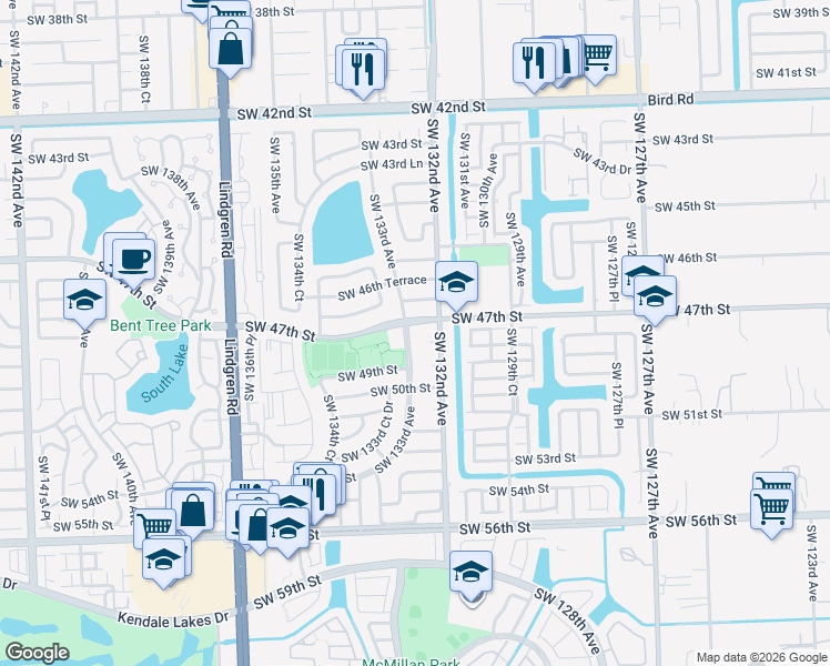 map of restaurants, bars, coffee shops, grocery stores, and more near 13301 Southwest 47th Street in Miami
