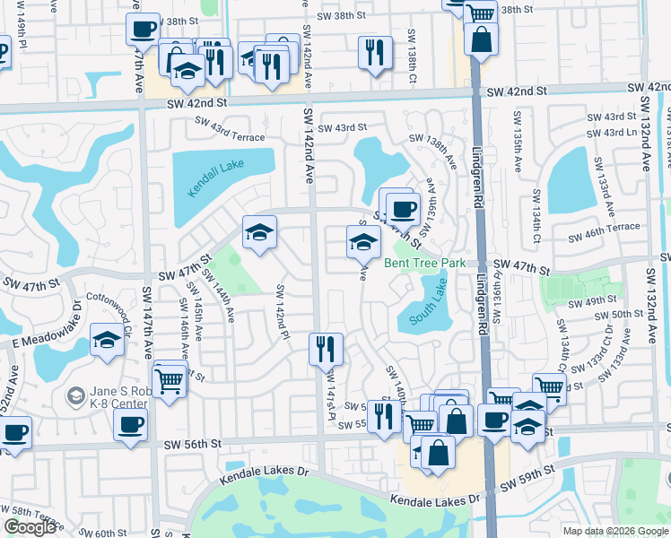 map of restaurants, bars, coffee shops, grocery stores, and more near 14072 Southwest 48th Street in Miami