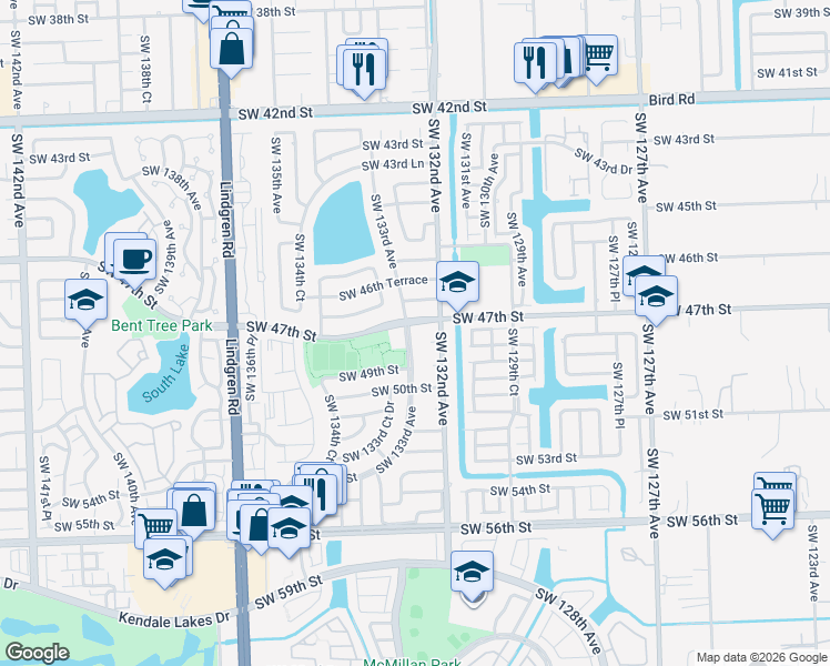 map of restaurants, bars, coffee shops, grocery stores, and more near 13301 Southwest 47th Street in Miami