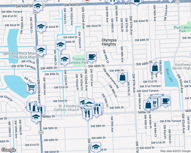 map of restaurants, bars, coffee shops, grocery stores, and more near 4901 Southwest 101st Avenue in Miami
