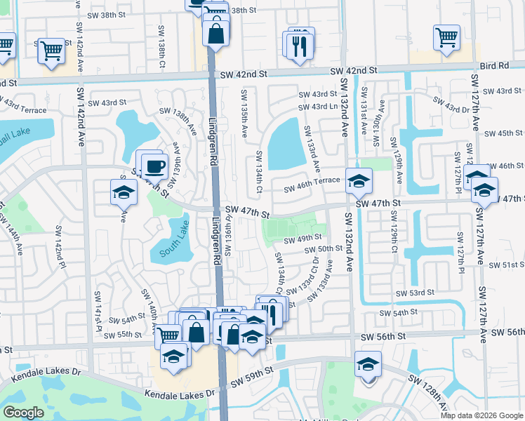 map of restaurants, bars, coffee shops, grocery stores, and more near 4650 Southwest 134th Avenue in Miami
