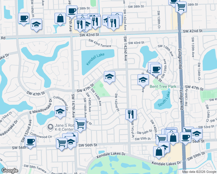 map of restaurants, bars, coffee shops, grocery stores, and more near 4747 Southwest 143rd Court in Miami
