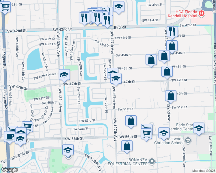 map of restaurants, bars, coffee shops, grocery stores, and more near 12720 Southwest 47th Street in Miami