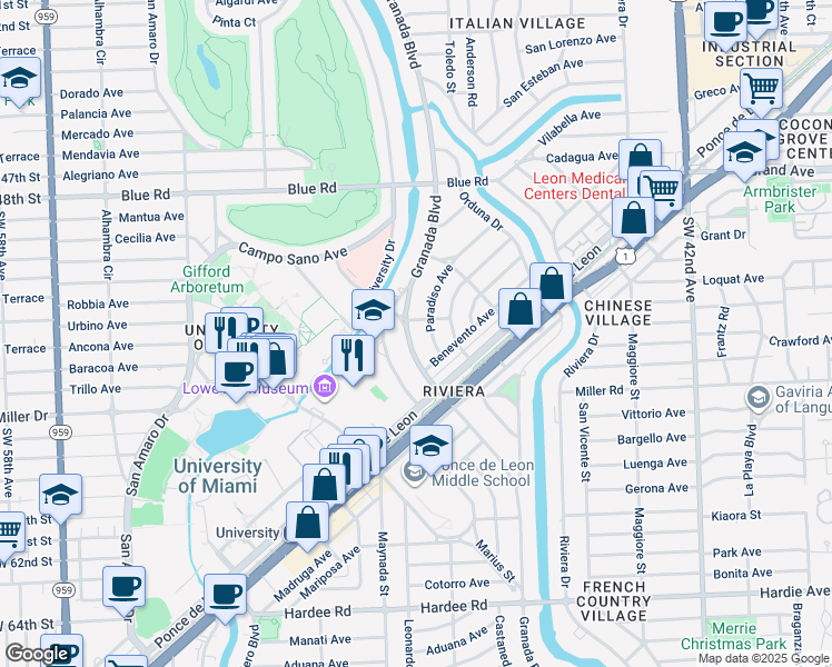 map of restaurants, bars, coffee shops, grocery stores, and more near 5203 Granada Boulevard in Coral Gables