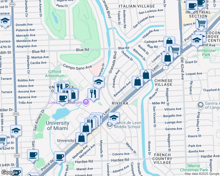map of restaurants, bars, coffee shops, grocery stores, and more near 5203 Granada Boulevard in Coral Gables