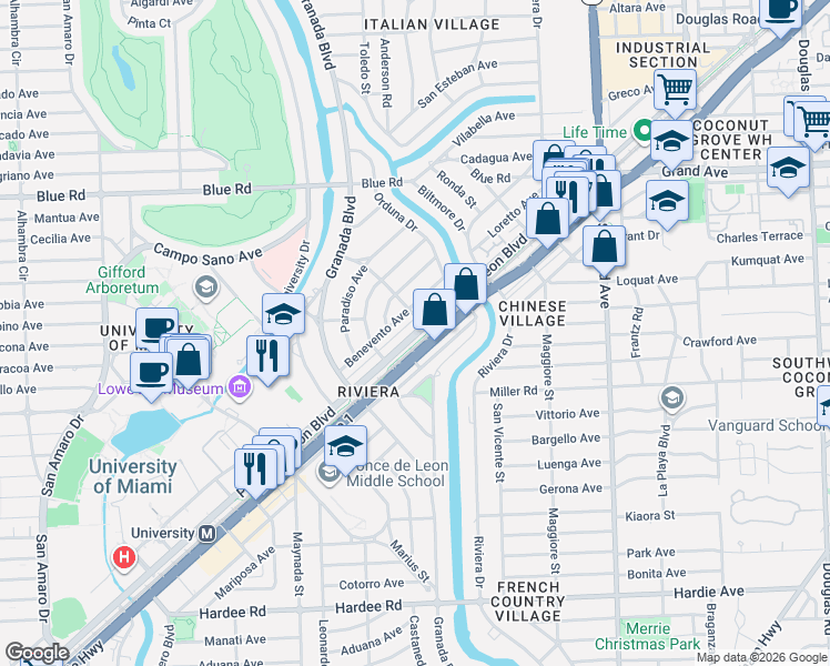 map of restaurants, bars, coffee shops, grocery stores, and more near 4971 Ponce de Leon in Coral Gables