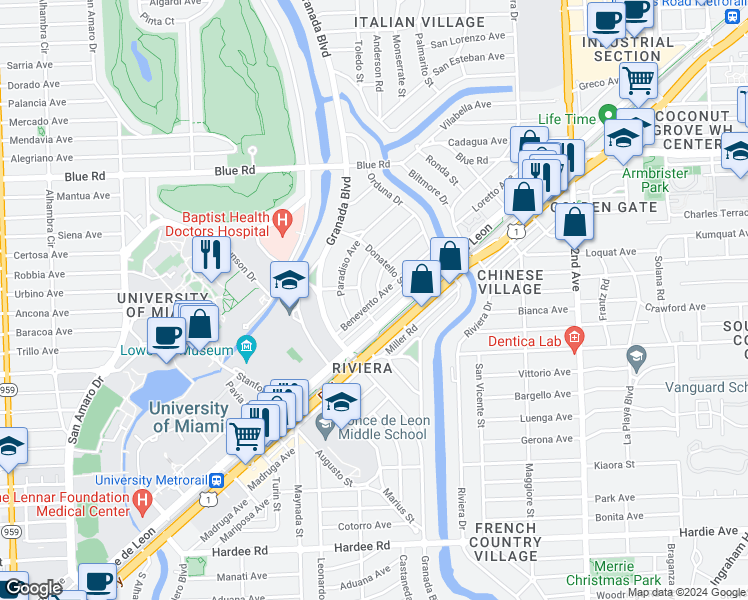 map of restaurants, bars, coffee shops, grocery stores, and more near 4971 Ponce de Leon in Coral Gables