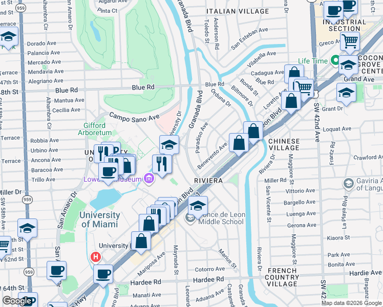 map of restaurants, bars, coffee shops, grocery stores, and more near 5203 Granada Boulevard in Coral Gables