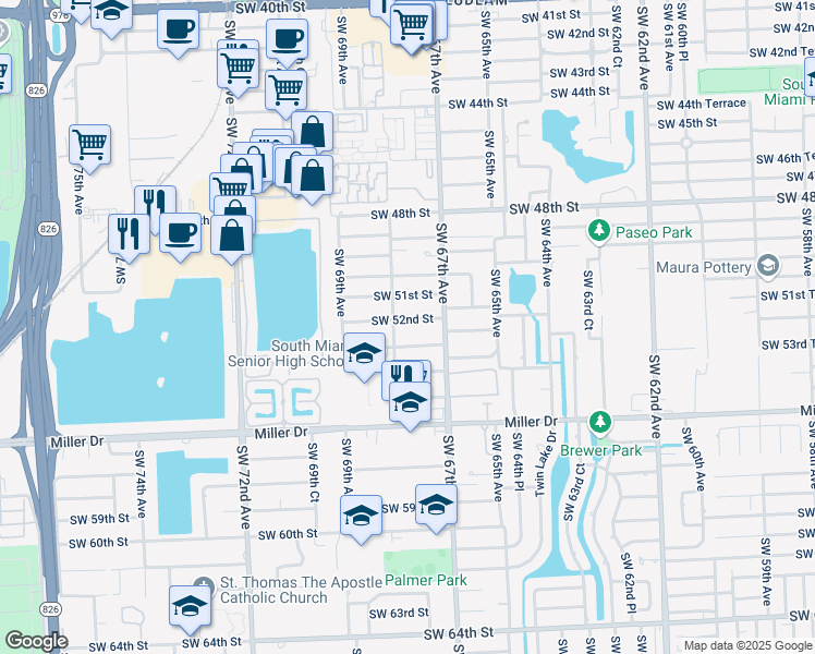 map of restaurants, bars, coffee shops, grocery stores, and more near 6770 SW 52nd St in Miami