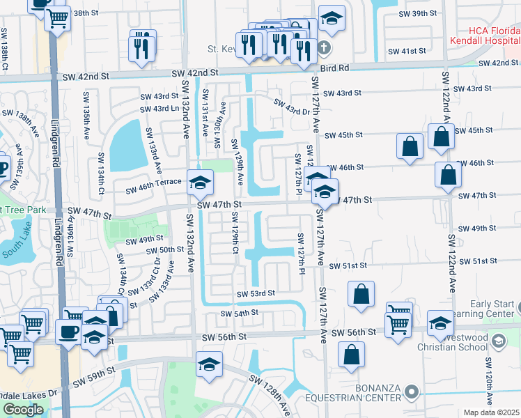 map of restaurants, bars, coffee shops, grocery stores, and more near 12860 Southwest 47th Street in Miami