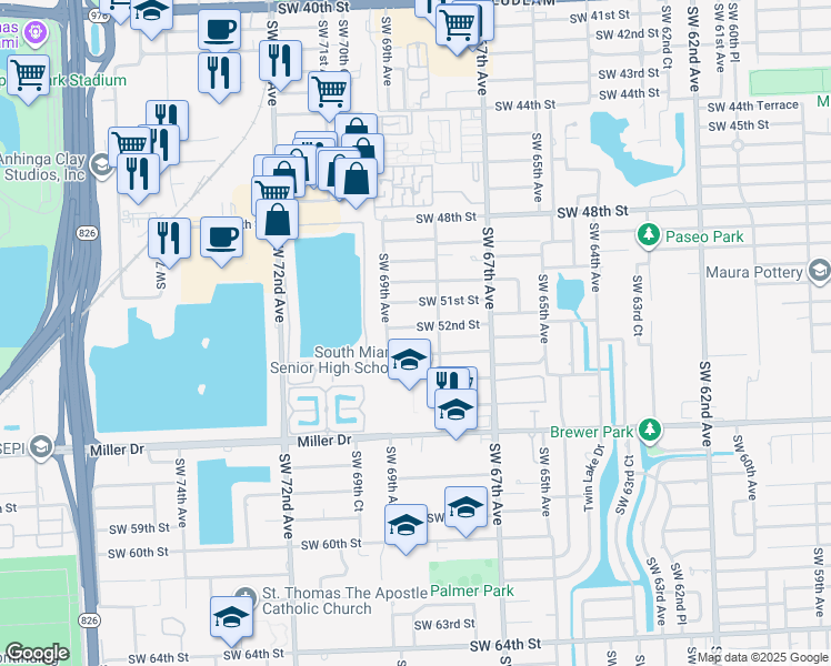 map of restaurants, bars, coffee shops, grocery stores, and more near 6850 Southwest 52nd Street in Miami