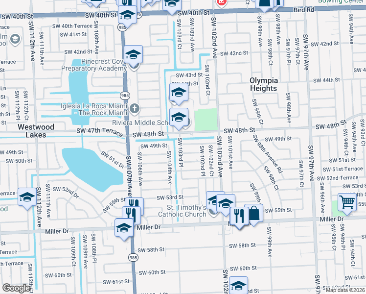 map of restaurants, bars, coffee shops, grocery stores, and more near 10350 Southwest 49th Street in Miami