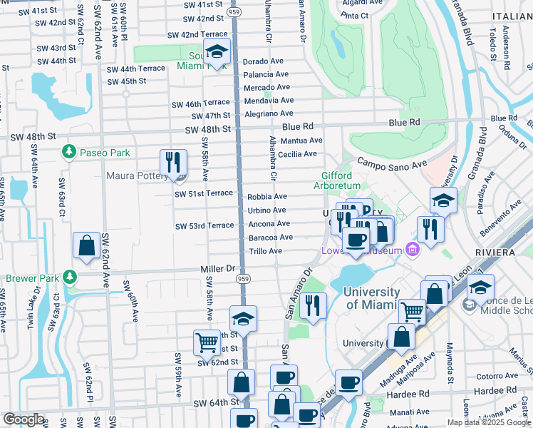 map of restaurants, bars, coffee shops, grocery stores, and more near 1510 Urbino Avenue in Coral Gables