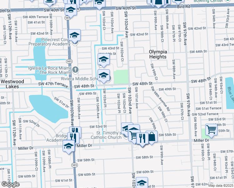 map of restaurants, bars, coffee shops, grocery stores, and more near 10270 Southwest 49th Street in Miami