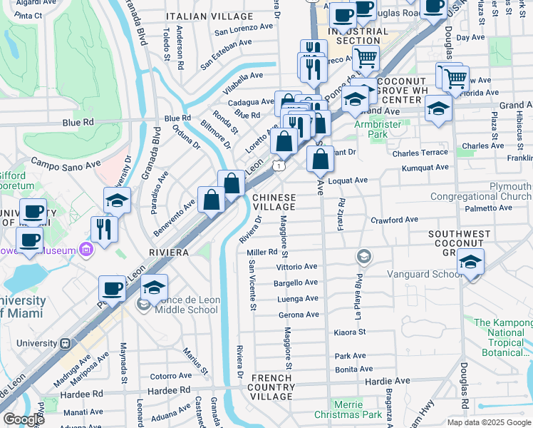map of restaurants, bars, coffee shops, grocery stores, and more near 520 Castania Avenue in Coral Gables