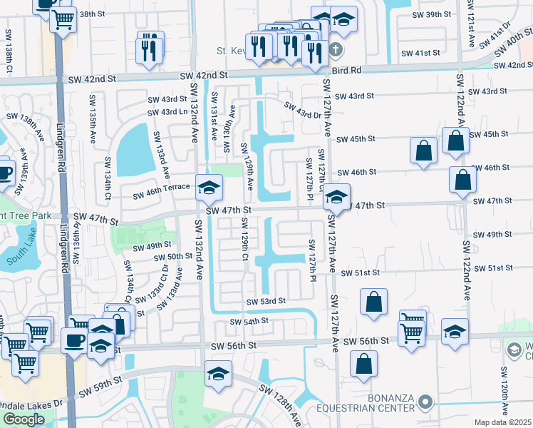 map of restaurants, bars, coffee shops, grocery stores, and more near 12860 Southwest 47th Street in Miami
