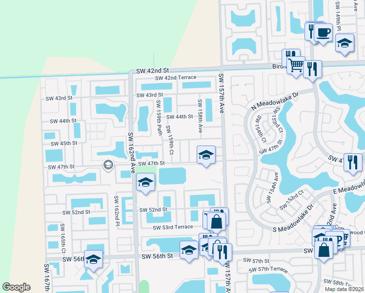 map of restaurants, bars, coffee shops, grocery stores, and more near 4583 Southwest 159th Avenue in Miami
