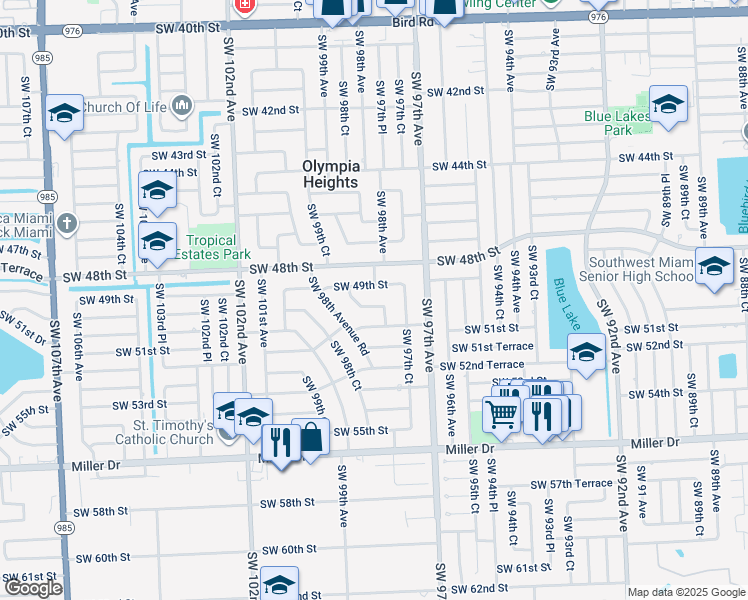 map of restaurants, bars, coffee shops, grocery stores, and more near 9815 Southwest 50th Street in Miami