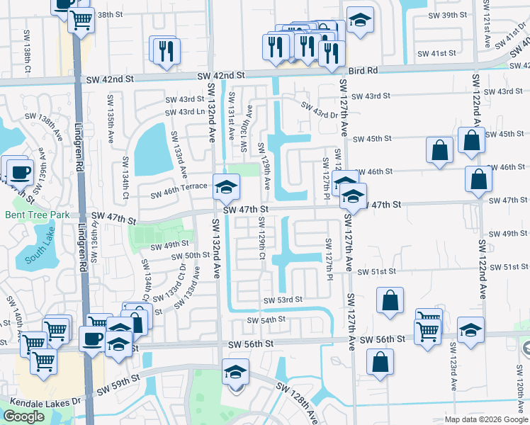 map of restaurants, bars, coffee shops, grocery stores, and more near 12927 Southwest 47th Terrace in Miami