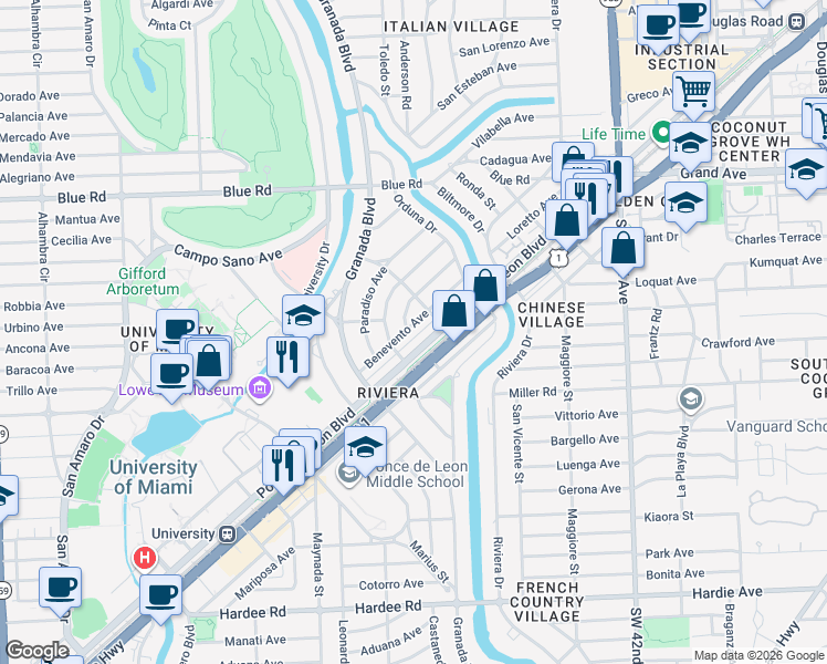 map of restaurants, bars, coffee shops, grocery stores, and more near 826 Benevento Avenue in Coral Gables