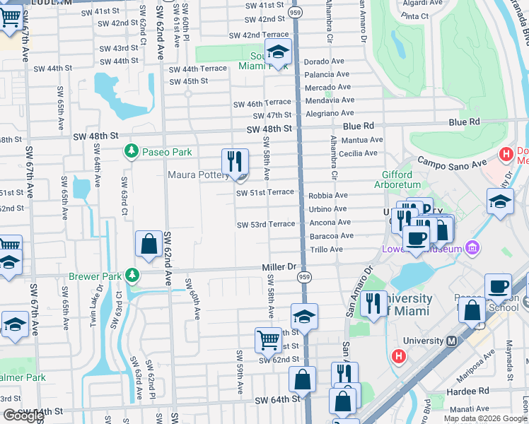 map of restaurants, bars, coffee shops, grocery stores, and more near 5800 Southwest 52nd Terrace in Miami