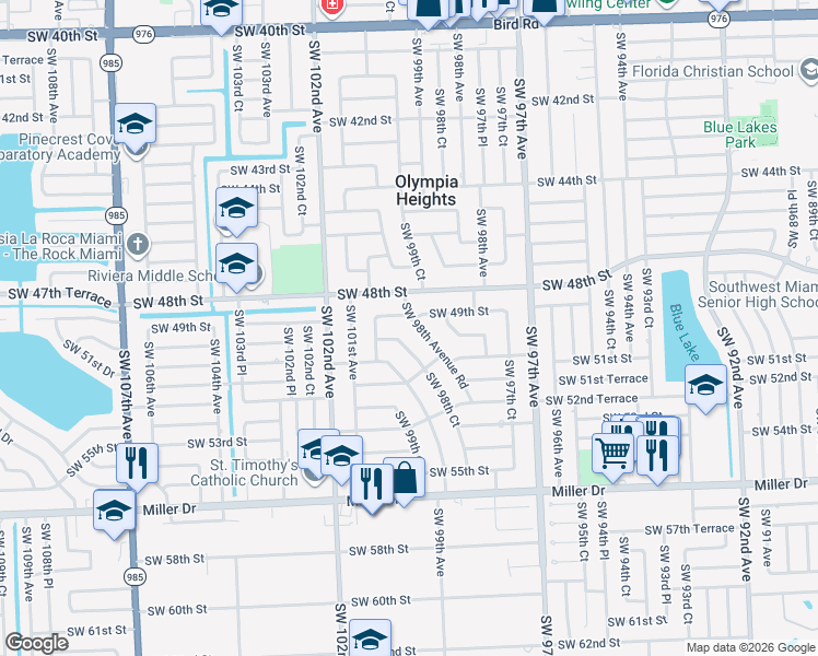 map of restaurants, bars, coffee shops, grocery stores, and more near 9970 Southwest 49th Street in Olympia Heights