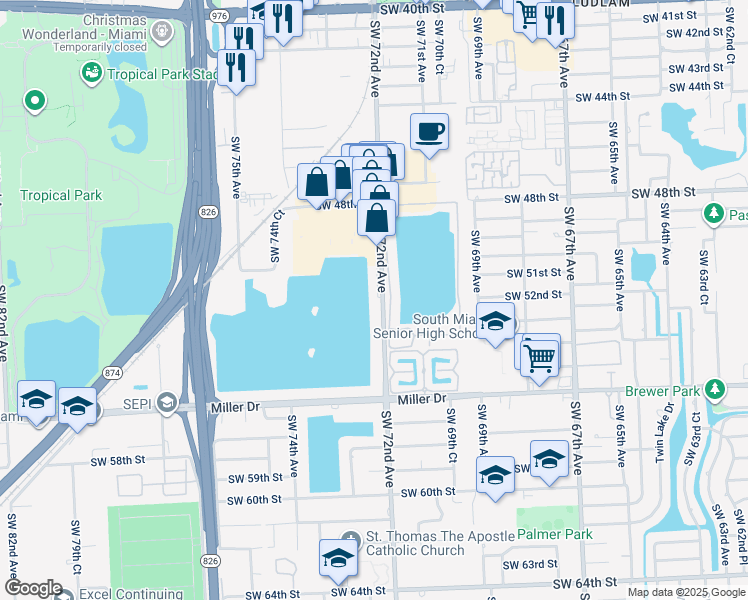 map of restaurants, bars, coffee shops, grocery stores, and more near 5120 Southwest 72nd Avenue in Miami
