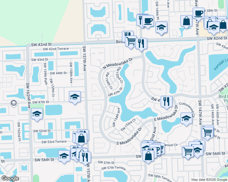 map of restaurants, bars, coffee shops, grocery stores, and more near 15440 Southwest 46th Lane in Miami