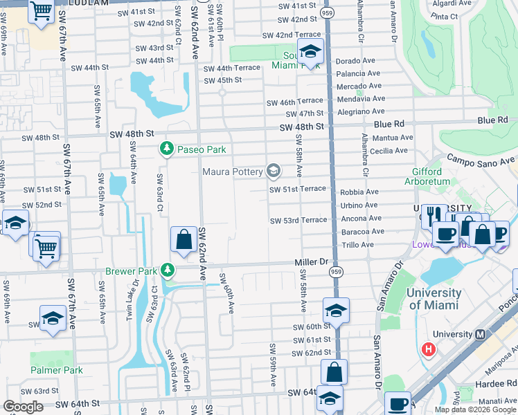 map of restaurants, bars, coffee shops, grocery stores, and more near 5230 Southwest 59th Avenue in Miami