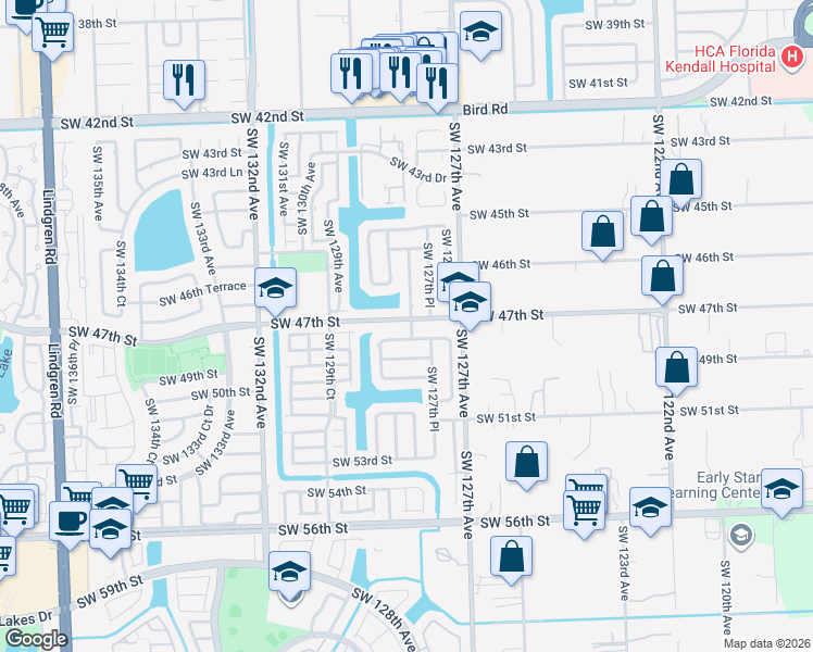 map of restaurants, bars, coffee shops, grocery stores, and more near 12800 SW 47th St in Miami