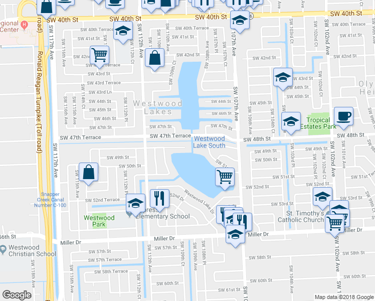 map of restaurants, bars, coffee shops, grocery stores, and more near 10900 Southwest 48th Street in Miami