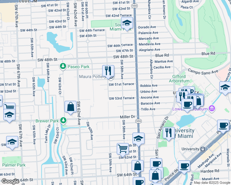 map of restaurants, bars, coffee shops, grocery stores, and more near 5840 Southwest 52nd Terrace in Miami