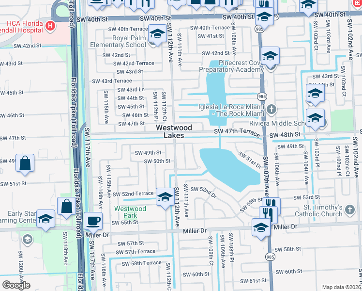 map of restaurants, bars, coffee shops, grocery stores, and more near 11110 Southwest 48th Street in Miami