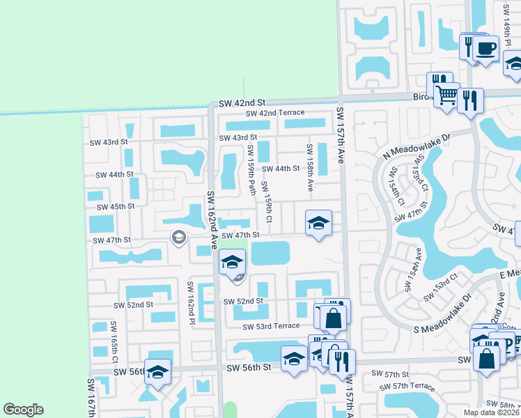 map of restaurants, bars, coffee shops, grocery stores, and more near 4531 Southwest 159th Place in Miami