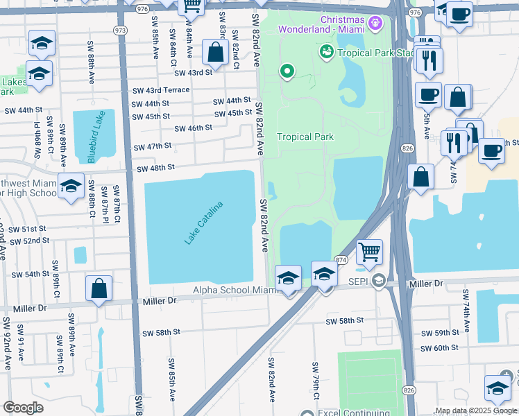 map of restaurants, bars, coffee shops, grocery stores, and more near 5100 Southwest 82nd Avenue in Miami
