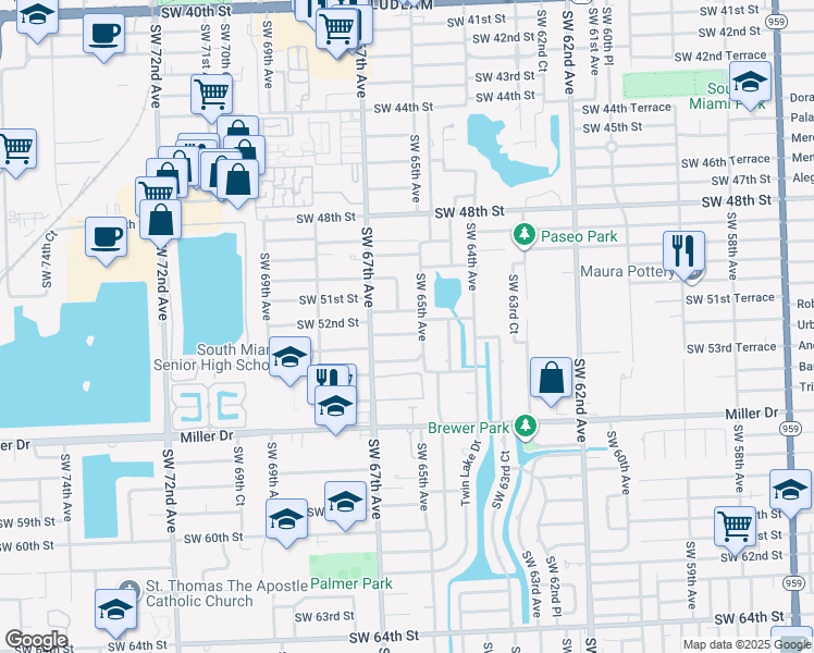 map of restaurants, bars, coffee shops, grocery stores, and more near 6535 Southwest 52nd Terrace in Miami