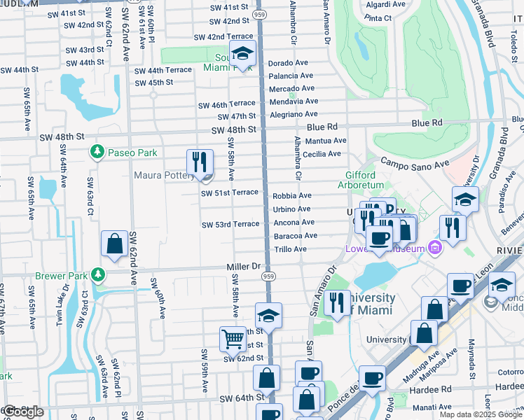 map of restaurants, bars, coffee shops, grocery stores, and more near 5700 Southwest 52nd Terrace in Miami
