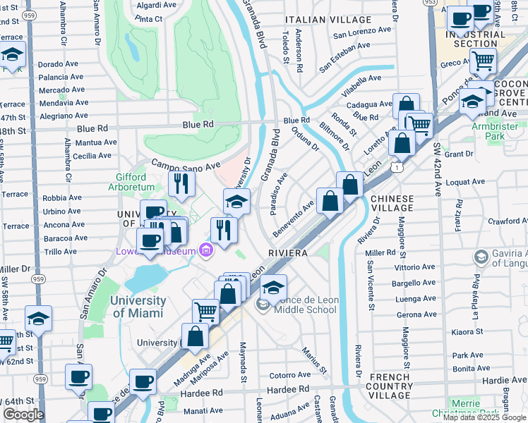 map of restaurants, bars, coffee shops, grocery stores, and more near 5203 Granada Boulevard in Coral Gables