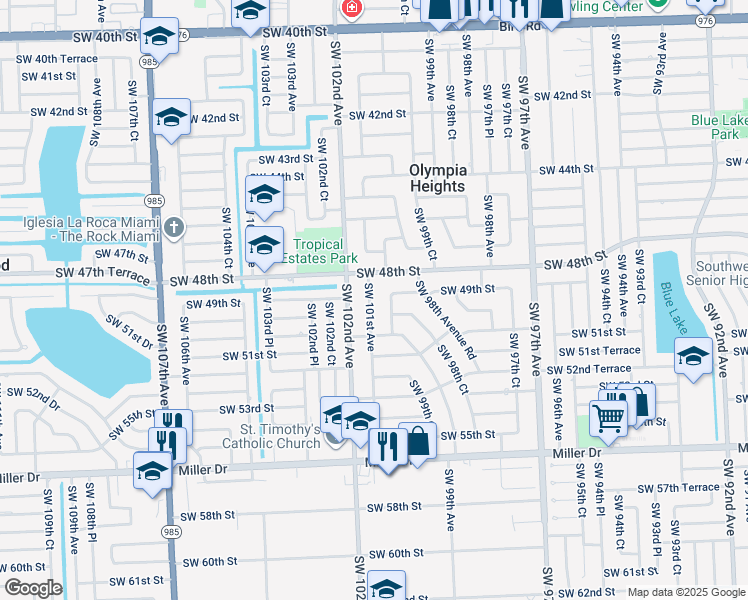 map of restaurants, bars, coffee shops, grocery stores, and more near 4901 Southwest 101st Avenue in Miami