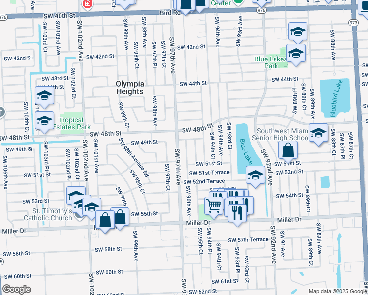map of restaurants, bars, coffee shops, grocery stores, and more near 4960 Southwest 96th Avenue in Miami