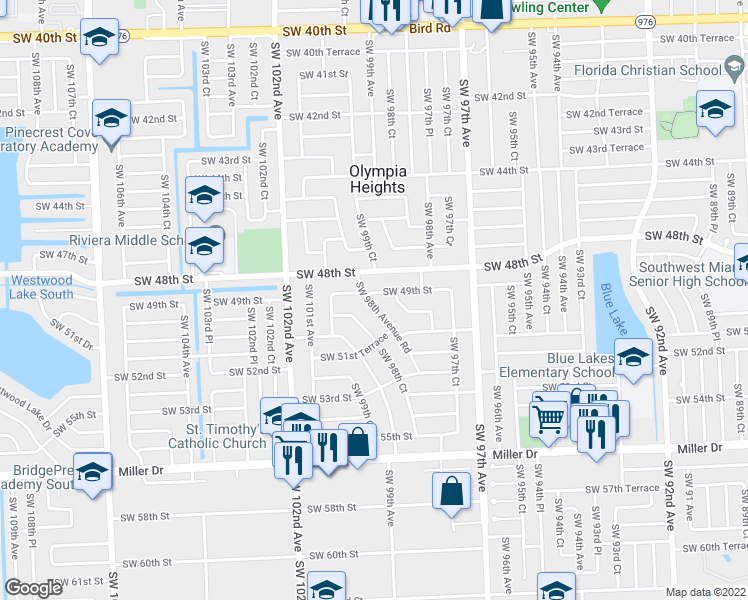 map of restaurants, bars, coffee shops, grocery stores, and more near 9900 Southwest 49th Street in Miami