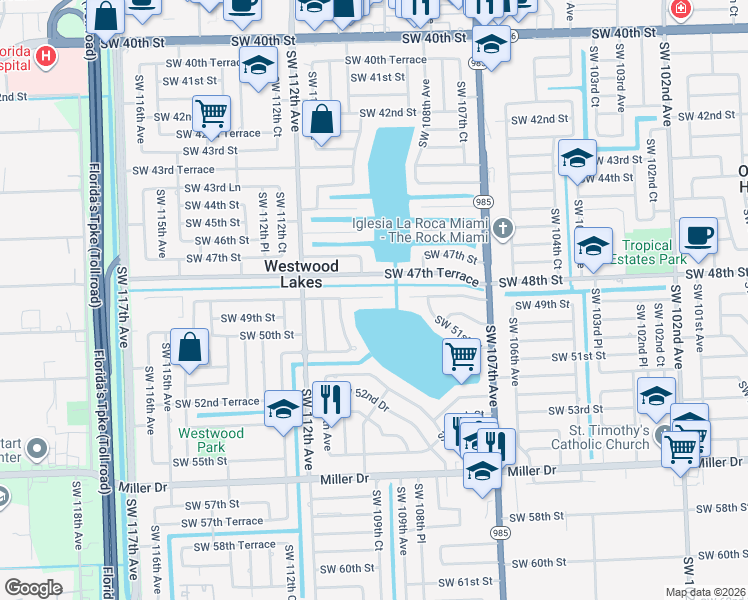 map of restaurants, bars, coffee shops, grocery stores, and more near 10900 Southwest 48th Street in Miami
