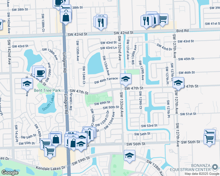 map of restaurants, bars, coffee shops, grocery stores, and more near 13301 Southwest 47th Street in Miami