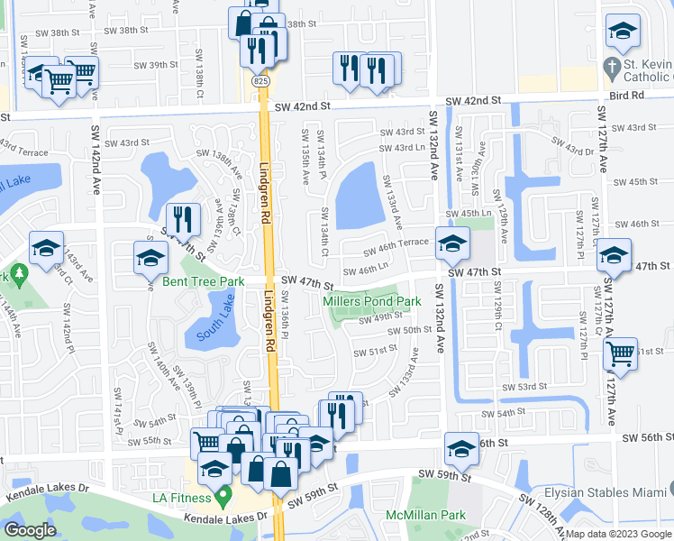 map of restaurants, bars, coffee shops, grocery stores, and more near 4650 Southwest 134th Avenue in Miami