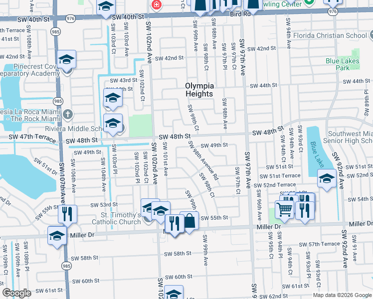 map of restaurants, bars, coffee shops, grocery stores, and more near 9970 Southwest 49th Street in Olympia Heights
