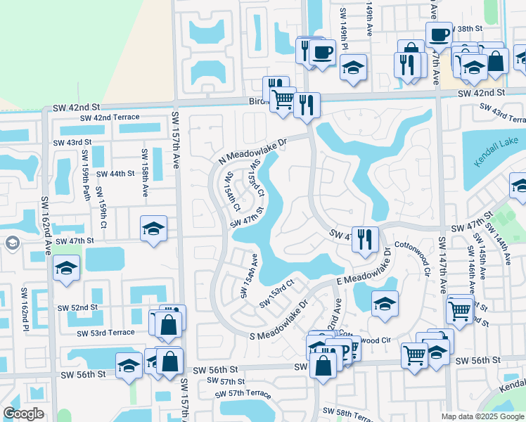 map of restaurants, bars, coffee shops, grocery stores, and more near 15360 Southwest 47th Street in Miami