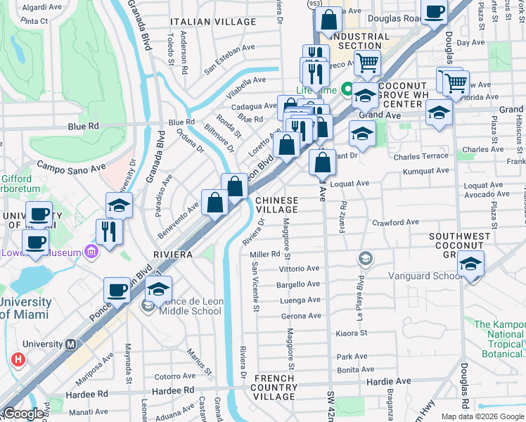 map of restaurants, bars, coffee shops, grocery stores, and more near 520 Castania Avenue in Coral Gables
