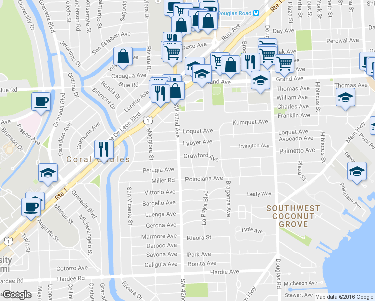 map of restaurants, bars, coffee shops, grocery stores, and more near 3680 Frantz Road in Miami