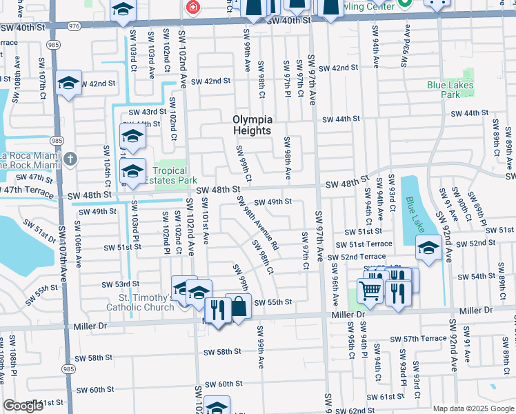 map of restaurants, bars, coffee shops, grocery stores, and more near 9900 Southwest 49th Street in Miami