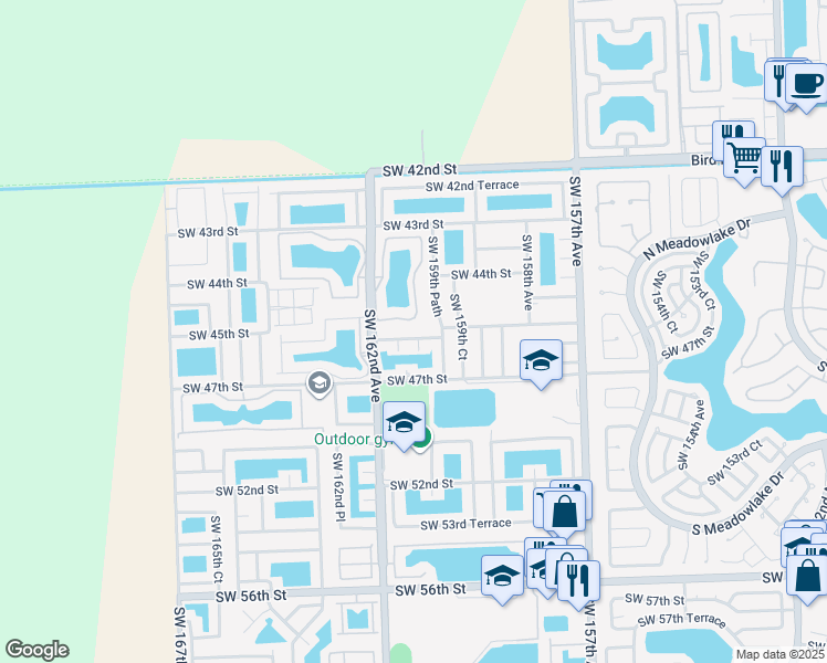map of restaurants, bars, coffee shops, grocery stores, and more near 16041 Southwest 45th Terrace in Miami